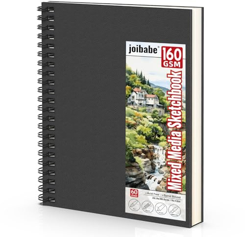 Joibabe Mixed Media Sketchbook A4, 160GSM Heavy Duty Art Paper, 60 Sheets (120 Pages), Spiral Bound Acid Free Drawing Pad, for Watercolour, Acrylic, Pencil, Sketching for Artists, Adults and Students