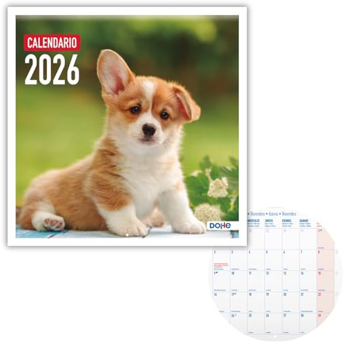 Dohe - Calendario Pared 2026-12 Meses Enero a Diciembre, Mes Vista, 30x30 cm, Idioma Español, Encuadernación de Grapas, Espacio para Notas, Planning del Año, Papel Grueso 120 gr/m² - Perros