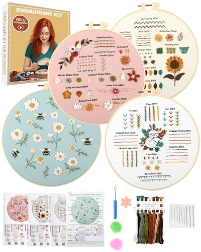 4 Pack Embroidery Kit for Beginners, Learn Stitches with Pre-Printed Patterns, Step-by-Step Guide & Video Tutorials, 7.8 Hoop, Threads & Needles, DIY Needlework Craft Set for Adults, Gift for Women