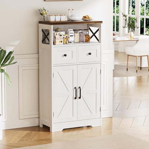 BonVache Mobile da Cucina, Buffet, Sideboard, con Porta e Mensola Regolabile, 2 Cassetti, per Cucina, Sala da Pranzo, Soggiorno, Bianco