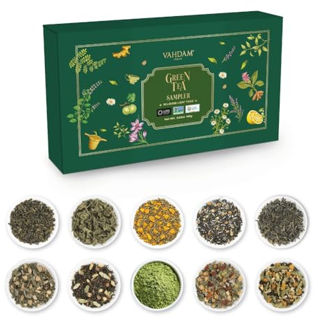 VAHDAM Coffret Cadeau Thé Vert Dégustation | 10 Saveurs en Vrac | Mélanges Premium de l’Himalaya | Faible Teneur en Caféine | Idées Cadeaux pour Femmes et Hommes | Emballage Fraîcheur Sous Vide