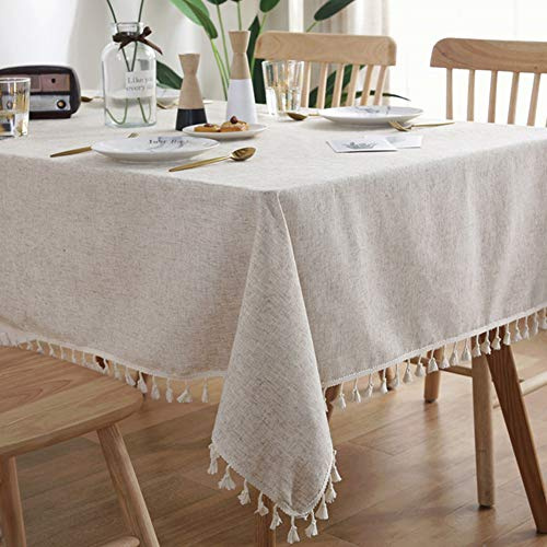 AMZALI Cotton Linen Tablecloths Fabric Tassel Tablecloth Dust-Proof Table Cover for Kitchen Dinning Tabletop Home Decoration (Rectangle/Oblong, 55 x 79Inch)