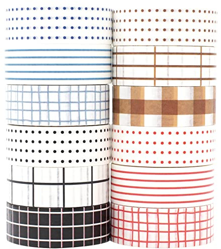 MAGLITT Grid Washi Tape Set 12 Rouleaux Masking Tape Ruban adhesif decoratif pour Scrapbooking Artisanat de Bricolage