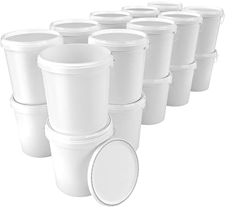 20 cubos con tapa, 16 litros, color blanco, aptos para alimentos, herméticos y estables, vacíos con asa y cierre, tapa de material PP, apto para alimentos, color químico, adhesivos en polvo