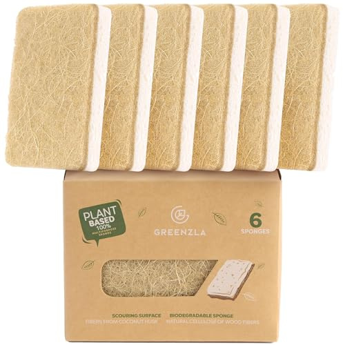 Greenzla Spugne da cucina naturali, confezione da 6 – Spugna biodegradabile a base vegetale in canapa sisal – ecologiche, senza odore, antigraffio, per piani di lavoro della cucina, vasche da bagno,