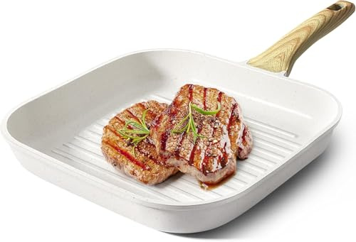 GiPP Poêle à Griller 28 x 28 cm en Fonte D'aluminium avec Revêtement Anti-adhésif en Granit - 100% Sans PFOA - Convient Pour Tous Les Types de Plaques de Cuisson - Facile à Nettoyer, Blanc