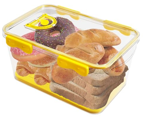 BigKing Airtight Bread Bins, Bread Box with Airtight Lid, Time Recording Bread Storage, Durable Moisture Resistant Transparent Bread Bins for Kitchen Counter (Yellow)