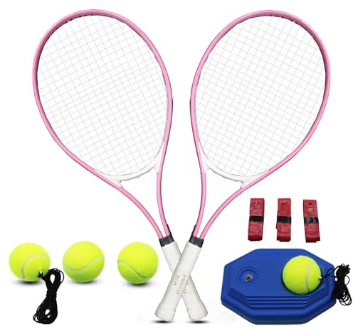 ZHUOKECE Raquetas de tenis para adultos, 2 jugadores, juego de raquetas de tenis recreativas para principiantes y profesionales con 4 pelotas de tenis, 3 overgrips, 1 bolsa de tenis (rosa)