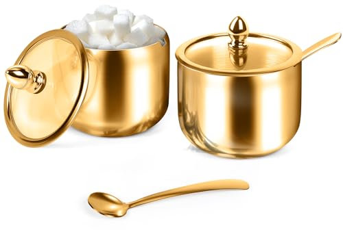 SHINELINE Lot de 2 sucriers avec couvercle et cuillère, en acier inoxydable, 25,4 g, pour le stockage des grains de café, du thé, du sucre en dés, du sel, du poivre - Doré