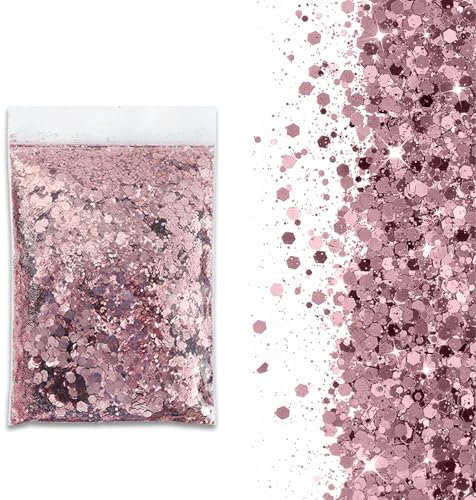 SHUOHONG 100g Glitzer Basteln Kinder, 3 Größen Gemischt Glitter, Groß Glitzer zum Basteln, Feiner Wandfarbe, Pailletten Glitzerpulver für Make-up, Karten, Nagelkunst, DIY (Dunkelrosa)