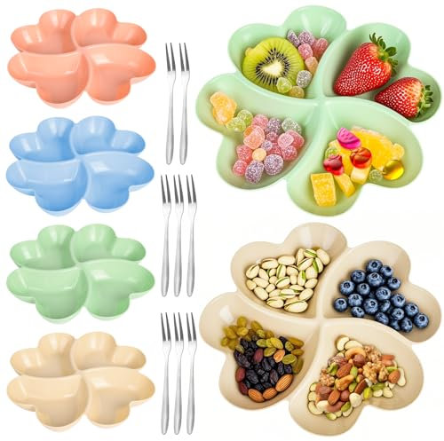Qichan 6 Stück Snackteller mit Fächern, Herzförmige Snackteller mit 8 Fruchtgabel Edelstahl, Wiederverwendbar Snack Teller, Snackschale für Süßigkeiten Desserts Nüsse Obst Vorspeisen