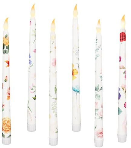 BTFO 6pcs Led Floral Taper Candles, 10.86in Battery Operated Flameless Candles with Flower Patterns for Home Wedding Party & Spring Decorations