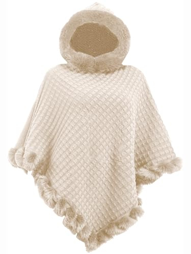 crazy bean Poncho Elegante de Punto para Mujer Chal Invierno para Mujer con Capucha Cálido y Suave Capa de Cuello Redondo para Climas Fríos Beige