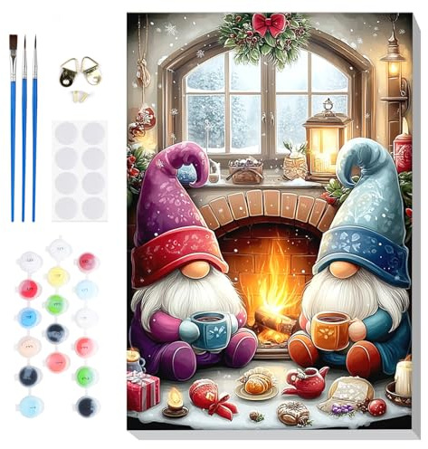 Lxmsja Måla efter siffror för vuxna, Inramad Tomtar vid Julbrasa Christmas Måla efter nummer Kit, DIY Akrylmålning Hem Väggdekor, 20x30cm