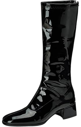 Lizoleor Elegant Bout Carré Back Zippées Femme Knee Bottes Mi-Mollet Large Fit Bloc Moyen Cuir Verni Sweet Long Bottes Habillées Noir Taille 38 EU/39Cn