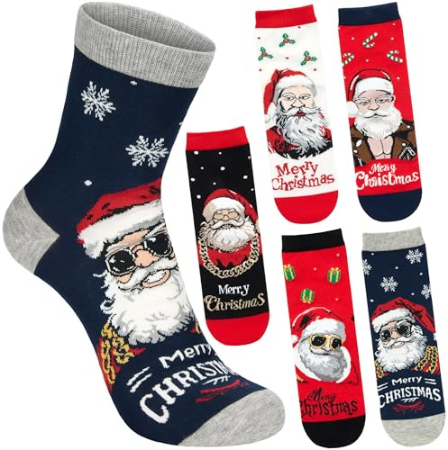 BRUBAKER 5 Par Julsockor för Herrar - Cool Santa med Guldkedja, Solglasögon & Skinnjacka - Roliga Herrstrumpor för Julen - Färgglada Tomtestrumpor i Bomull - Perfekt Present till Män - Storlek 41-45