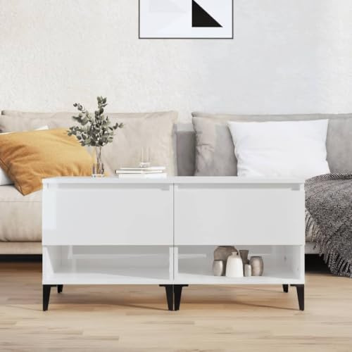 HETFTJN Set di 2 tavolini bianchi lucidi, 50 x 46 x 50 cm, in legno con cassetto e scomparto, moderni, piedini in metallo, salvaspazio, per soggiorno, balcone, corridoio