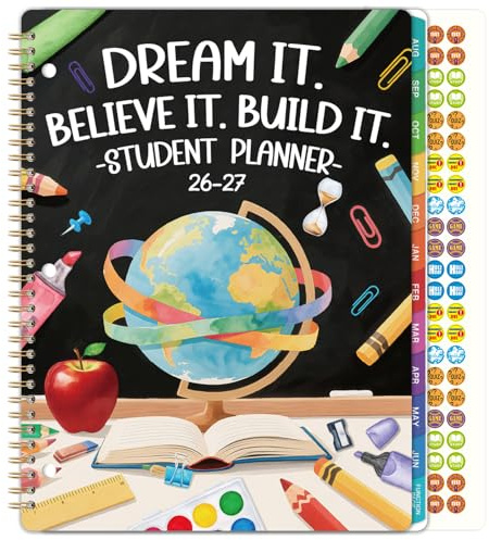 Student Planner 2026-2027 - School Planner 2026-2027 with Planner Stickers & Colorful Tabs, Aug. 2026 - Jun. 2027, 8.5 x 11, Monthly and Weekly School Planner, Academic Planner with Motivational Quotes - Globe Planner