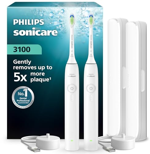 Spazzolino elettrico sonico Philips Sonicare Serie 3100 - Sensore di pressione, 3 intensità, EasyStart, SmarTimer, autonomia 14 giorni, custodia, bianco, confezione da 2, HX4072/41, [Nuovo]