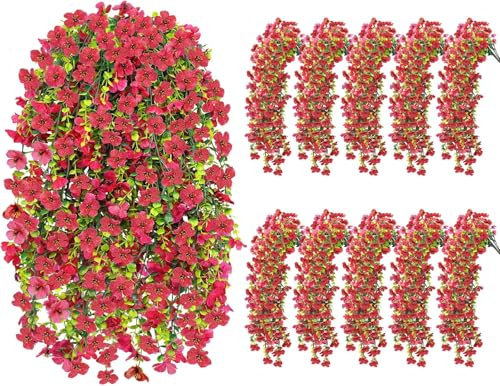 Fairblo 10 Pezzi Fiori Finti da Esterno Piante Finte Cadenti con Fiori Artificiali da Esterno per Balcone Viola Piante Pendenti Artificiali da Interno per Decorazione Giardino Terrazze Matrimoni Rosso