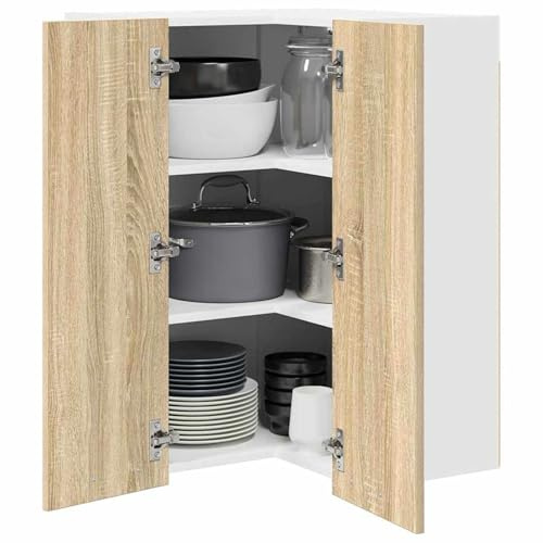 ATOMSTACK MAKER Armoire d'angle suspendue, chêne Sonoma/blanc, 57 x 57 x 80 cm, étagère de cuisine moderne en bois avec beaucoup d'espace de rangement, matériel de montage inclus