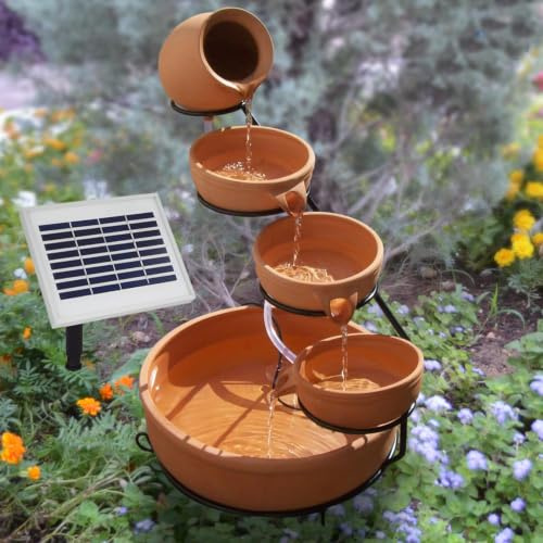 AMUR Solar Powered Water Feature Cascade - Inlaid Terracotta Pots for Your Garden or Patio 55 cm