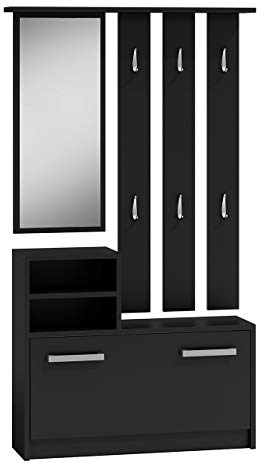 Mirjan24 Garderoben-Set Biel mit 6 Kleiderhaken, Spiegel, Schuhschrank, Farbauswahl, Wandgarderobe (Schwarz)