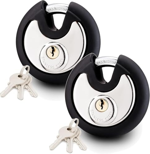 Satargo Candado impermeable resistente al aire libre con llaves, acero inoxidable, resistente a la intemperie, candado redondo de bloqueo al aire libre (2)