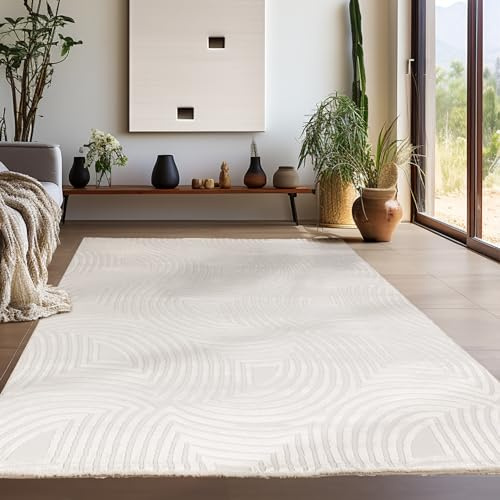 Teppium Kurzflor Teppich Läufer Flur 80 x 150 cm Creme - 3D Boho Teppich Waschbar, Skandinavisches Stil, Geometrisch und Weich - Ideal als Bettvorleger im Schlafzimmer, Küchenläufer, Wohnzimmerteppich