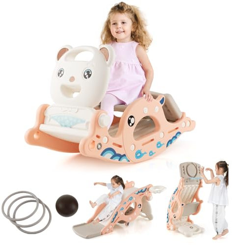 GOPLUS 4 en 1 Toboggan Enfant avec Panier de Basket, Cheval à Bascule avec Lancer d’Anneaux pour Enfants 3+ Ans Charge 50KG (Rose Clair)