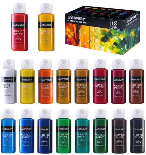 Anyart Acrylfarben Set 18 Farben je 59ml Acrylic Acryl Paint für Leinwand Papier Stein Holz Keramik Stoffe Wasserfest Lichtecht Schnell Trocknend Maler Künstler