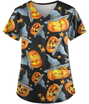 Generisch Damen Kasack Halloween Must Have Pflege Berufskleidung Lässig Kurzarm Arbeitskleidung 2024 Mode Casual Uniformen Locker V Ausschnitt Schlupfhemd Basic Bedruckt Taschen (A25 Blue,L)