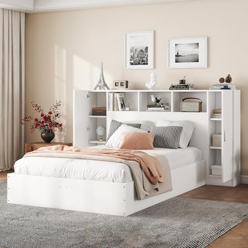 Doppelbett 140x200, Holzbett Kinderbett Murphy Bed mit Schrank und Bücherregal, Schrankbett mit Lattenrost und Stauraum, Jugendbett Stauraumbett Funktionsbett Bettgestell aus Holz, ohne Matratze,Weiß