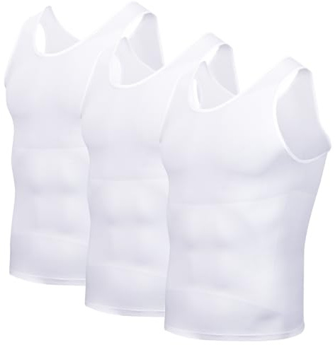 Casey Kevin Men's Compression Vest Slimming Body Shaper Tank Tops Shapewear Workout Undershirts Compression Top Pack of 3, White, L