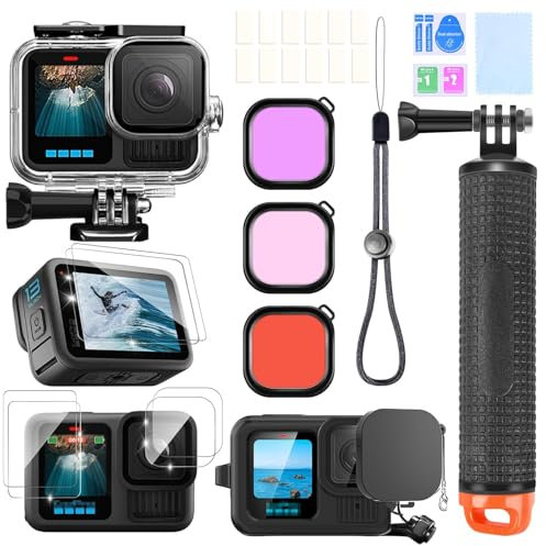 ShipeeKin Kit de Accesorios para gopro Hero 13, Carcasa de Buceo a Prueba de Agua, Agarre de Mano Flotante, 2 Juegos de Vidrio Templado, Funda de Silicona, Filtros Rojos, Inserciones antivaho
