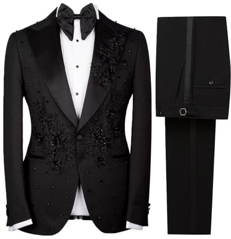 Cdkoke Uomo Tuta Piccola Giacca Waffle con Ricamo Nero Strass Un Pulsante Pantaloni da Smoking per la Festa