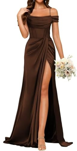 YIANN Robe de demoiselle d'honneur en satin style sirène à bretelles fines et col rond Marron Robe de bal de mariage Robe d'invitée UK14