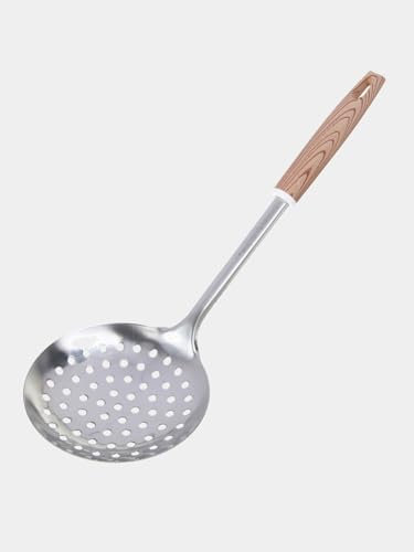 Skimmer Slotted Spoon with Ergonomic Wood Effect Handle Comfortable Grip Stainless Steel Oil Strainer Cooking Spoon Ladle with Holes for Kitchen Frying Food Pasta Spaghetti & Noodles