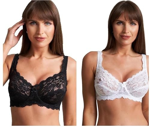 COSHAL® 2 Wired Bras Womens Floral Lace Underwired Bra Full Coverage Lace Bra – Soft Cup Non-Padded Push up Bra with Adjustable Straps Women Every Day Black & White Bras Black & White 42DD