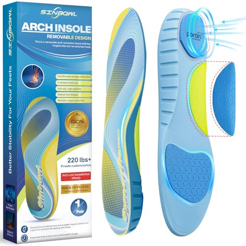 Plantar Fasciitis Insoles for Flat Feet & Achilles Tendonitis, 220+ lbs High Arch Support Inserts with Removable Design, Pain Relief & Absorb Shock Work Boot Orthotic Insoles for Men & Women - L