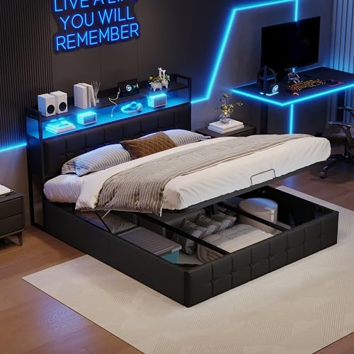 LIVLUX Letto Imbottito 160 x 200 cm con illuminazione a LED e ricarica USB, Letto matrimoniale con contenitore idraulico, Moderno Struttura letto con rete a doghe, PU (Nero, 160 x 200 cm)