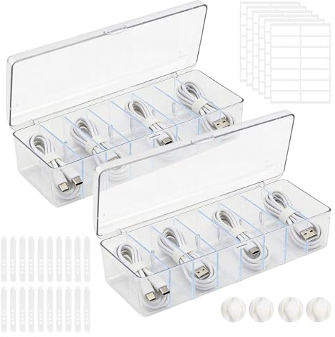 2 Piezas Cajas Organizadora de Cables,26,5x10x7,5cm Organizador cables Plástico Transparente con 8 Compartimentos,20 Bridas para Cables,4 Clips para Cables,6 Pegatinas,Caja de Almacenamiento Cables