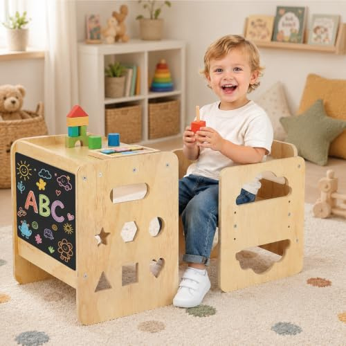 Nymblis Montessori-style Kids Table and Chair Sets, Desk with Chalkboard | 3-Level Height Adjustable Chair, Easy to Assemble & Clean, Ideal for 1-3 Yrs Playing, Drawing, Dining & Studying