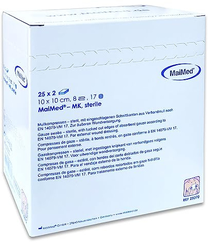 MaiMed Sterile Kompressen 10x10 cm – 50 Stück Mullkompressen 8-lagig, fusselfrei – Mulltupfer steril & Wundauflagen nicht haftend für Verband & Pflege