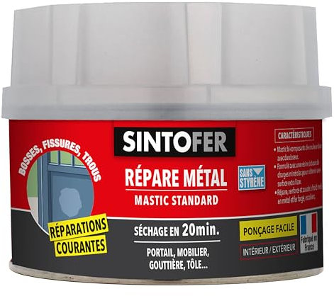 SINTOFER - Répare Métal Standard - Répare Trous et Enfoncements - Egalise et Soude à Froid - Sans Retrait - Sec en 20min - Intérieur et Extérieur - Blanc A Peindre - Technique Professionnelle - 330g