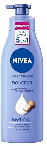 NIVEA Lait Hydratant Douceur 48h (1 x 250 ml), Soin corporel enrichi en concentré de soin NIVEA & en beurre de karité, Lait pour le corps hydratation intense pour peaux sèches