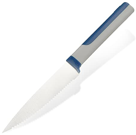 Tasty Cuchillo de cocina dentado de 11,5 cm, cuchillo de pan, hoja afilada de acero inoxidable, cuchillo de cocina duradero con mango ergonómico suave al tacto, color: azul, gris, plateado
