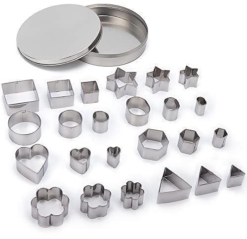 ofone Small Cookie Cutters Geometric Shapes Set, 24 Mini Fondant Cutter - Star Heart Flower Square Triangle Oval Circle Hexagon, Tiny Stainless Steel Biscuit Molds for Baking Dough Pastry Clay Fruit