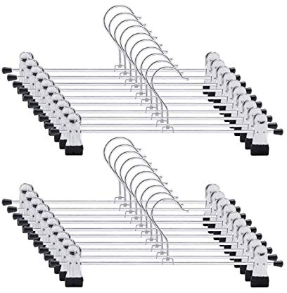 Trouser Hanger, 20Pack Pant Hangers Space Saving Skirt Hangers with Clips Adjustable Non-Slip Coat Suit Metal Hangers Heavy Duty Chrome Clothes Hangers Clothes Hook