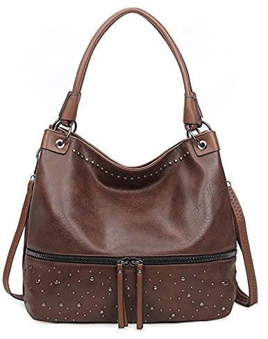 FANDARE Vintage Women Handbags Shoulder Bags Crossbody Large Capacity Waterproof PU Leather Tote Rivet Purse Big Top-handle 12.9 inch Laptop for Commute Shopping Travel Office Business Dark Brown